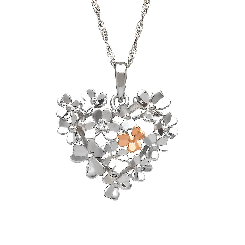 diamond set 9 carat white gold love shamrock large heart bouquet pendant with one rare Irish rose gold flower.