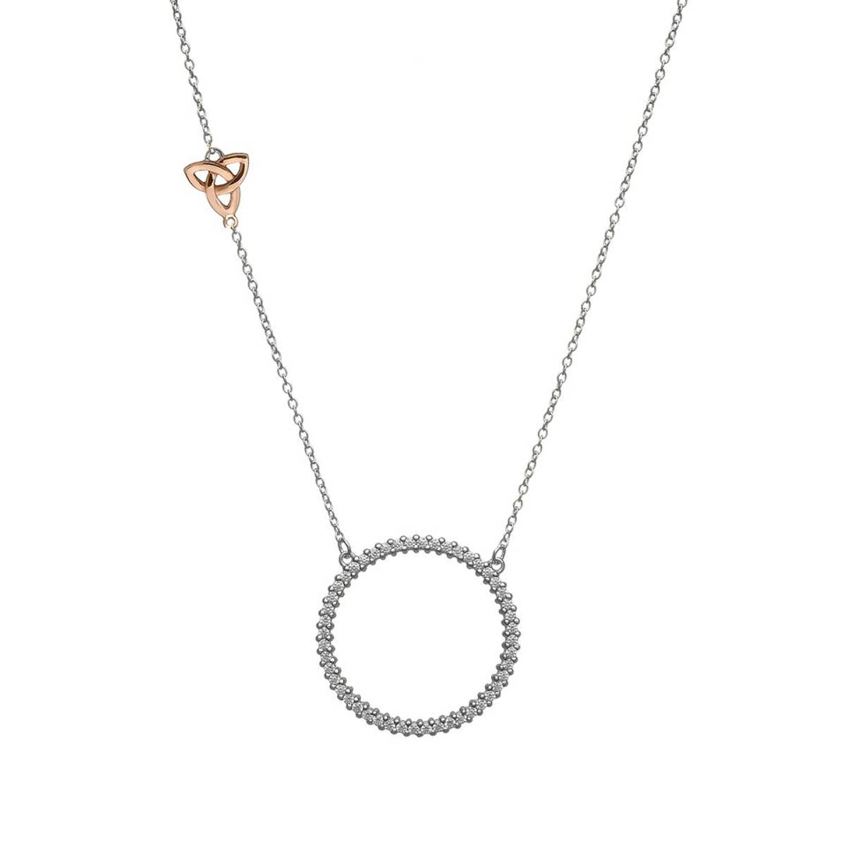 silver round cz necklet with brare Irish rose gold trinity knot on chain.trodp