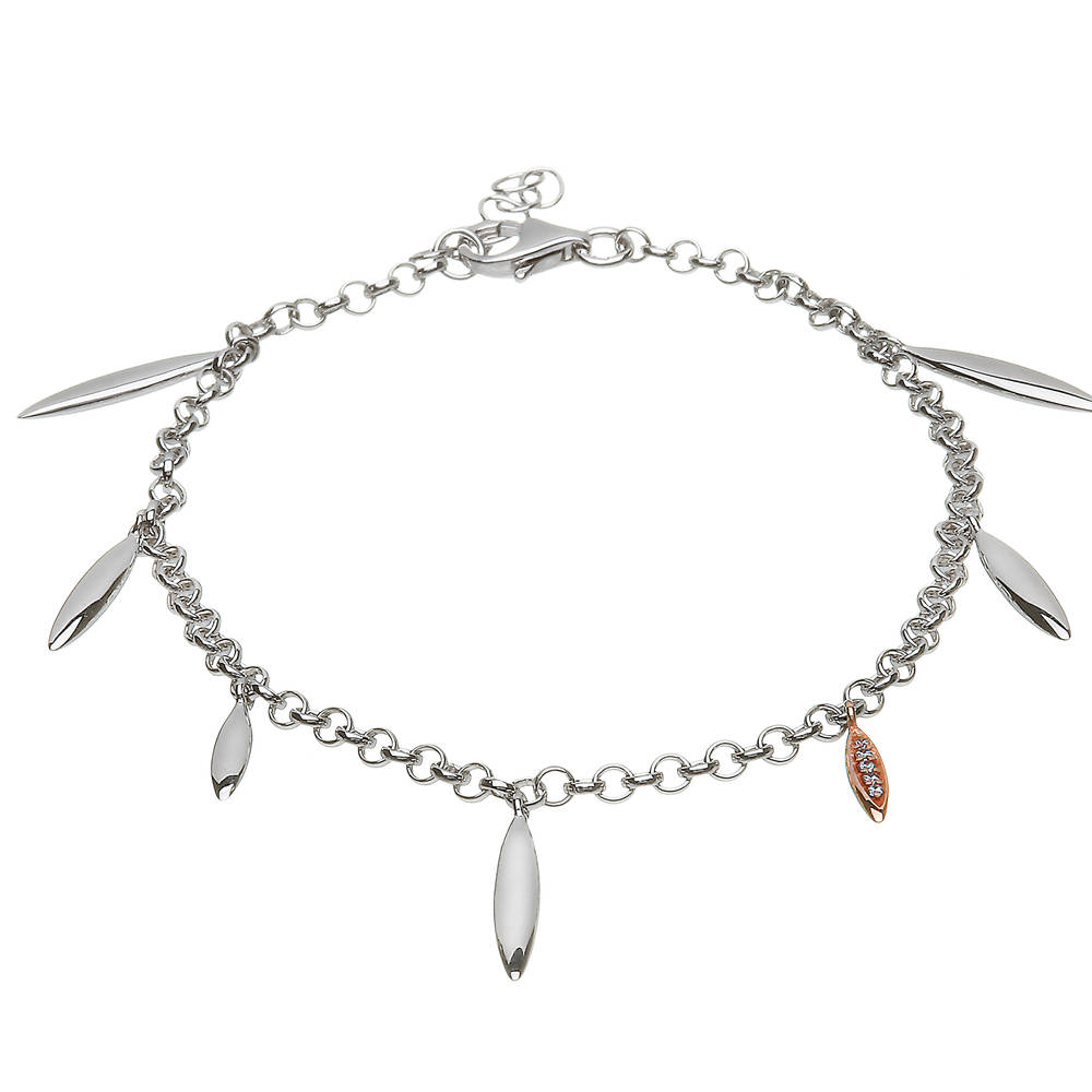 silver and rare Irish rose gold multi feather bracelet with czs.