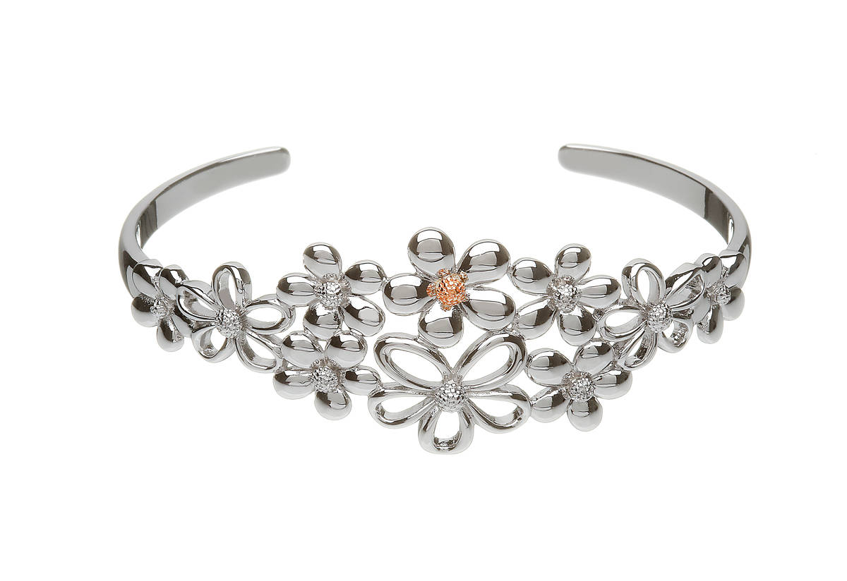 sterling silver and rose gold petal bangle with rara Irish rose gold centre