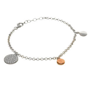 silver and rare Irish rose gold with cz set discs bracelet.