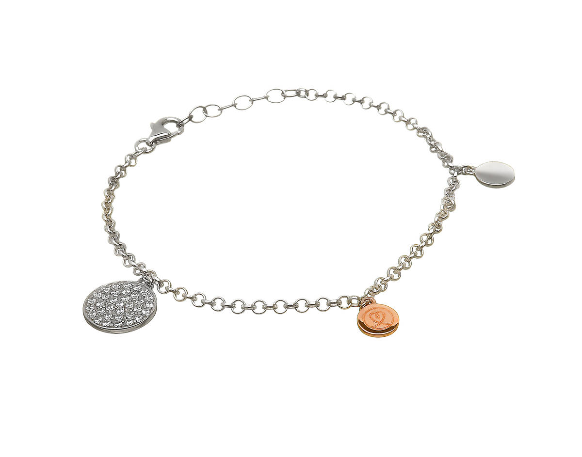 silver and rare Irish rose gold cz set discs in bracelet.