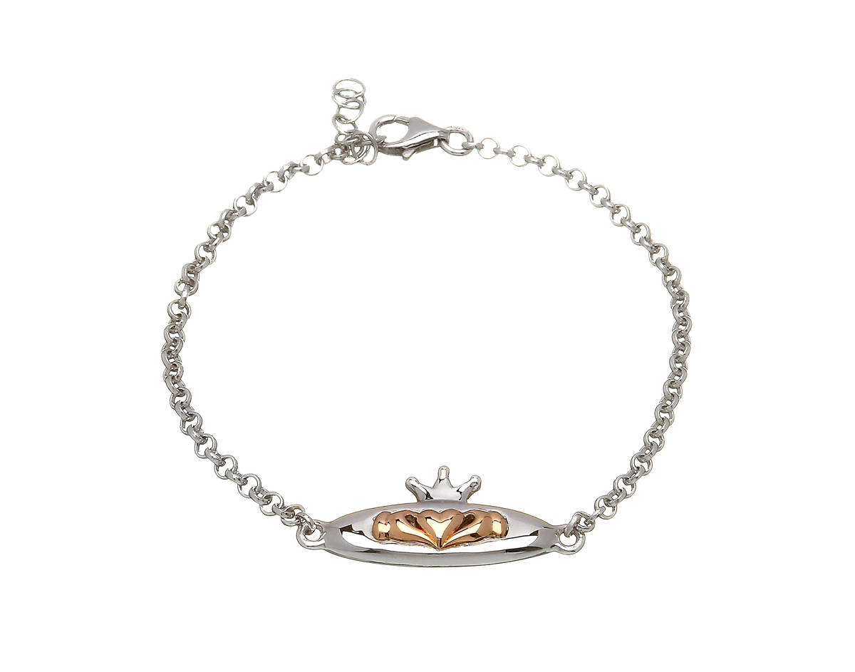 silver and rare Irish rose gold Claddagh bracelet.