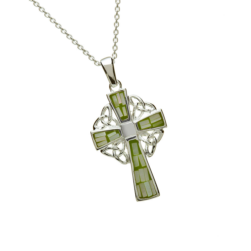 Silver Green Marble Celtic Cross 18 Trace Chain