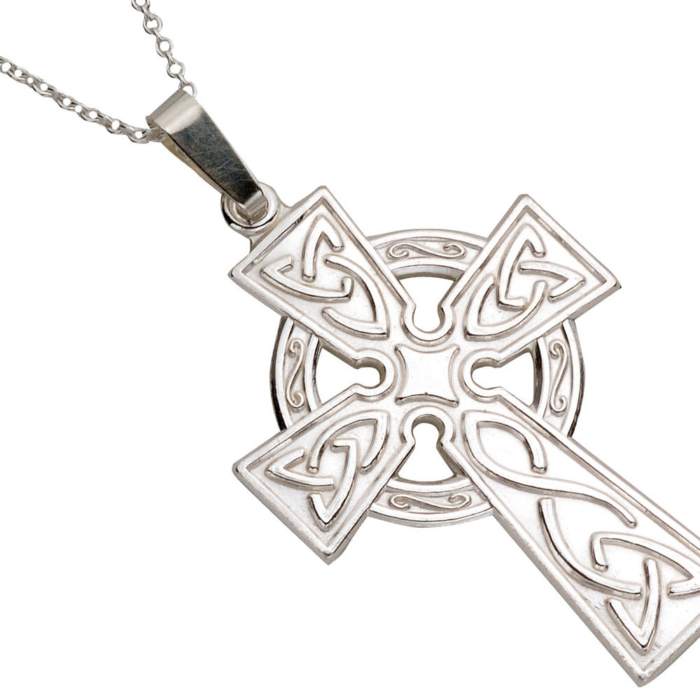 Silver Large Di Stamped Celtic Cross On 18" Trace Chain
