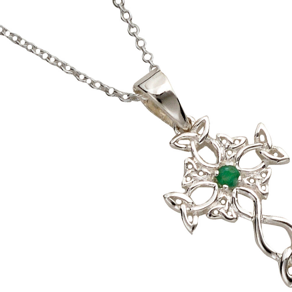 Silver Celtic Design Cross With Emerald Centre On 18" Trace Chain 16mx11m
