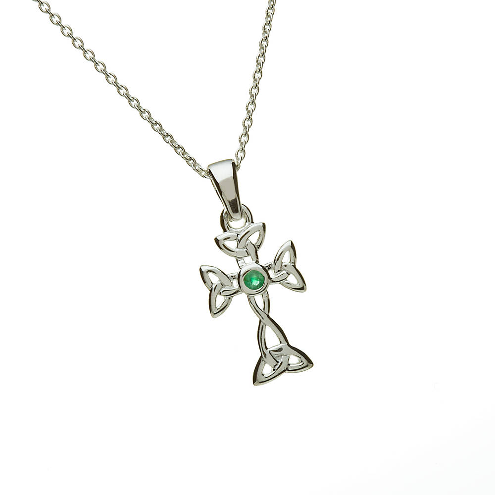 Silver Celtic & Emerald Cross On 18" Trace Chain
