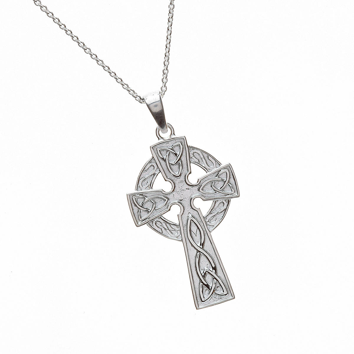 Silver Classic Celtic Cross With Carved Detail On 18" Trace Chain