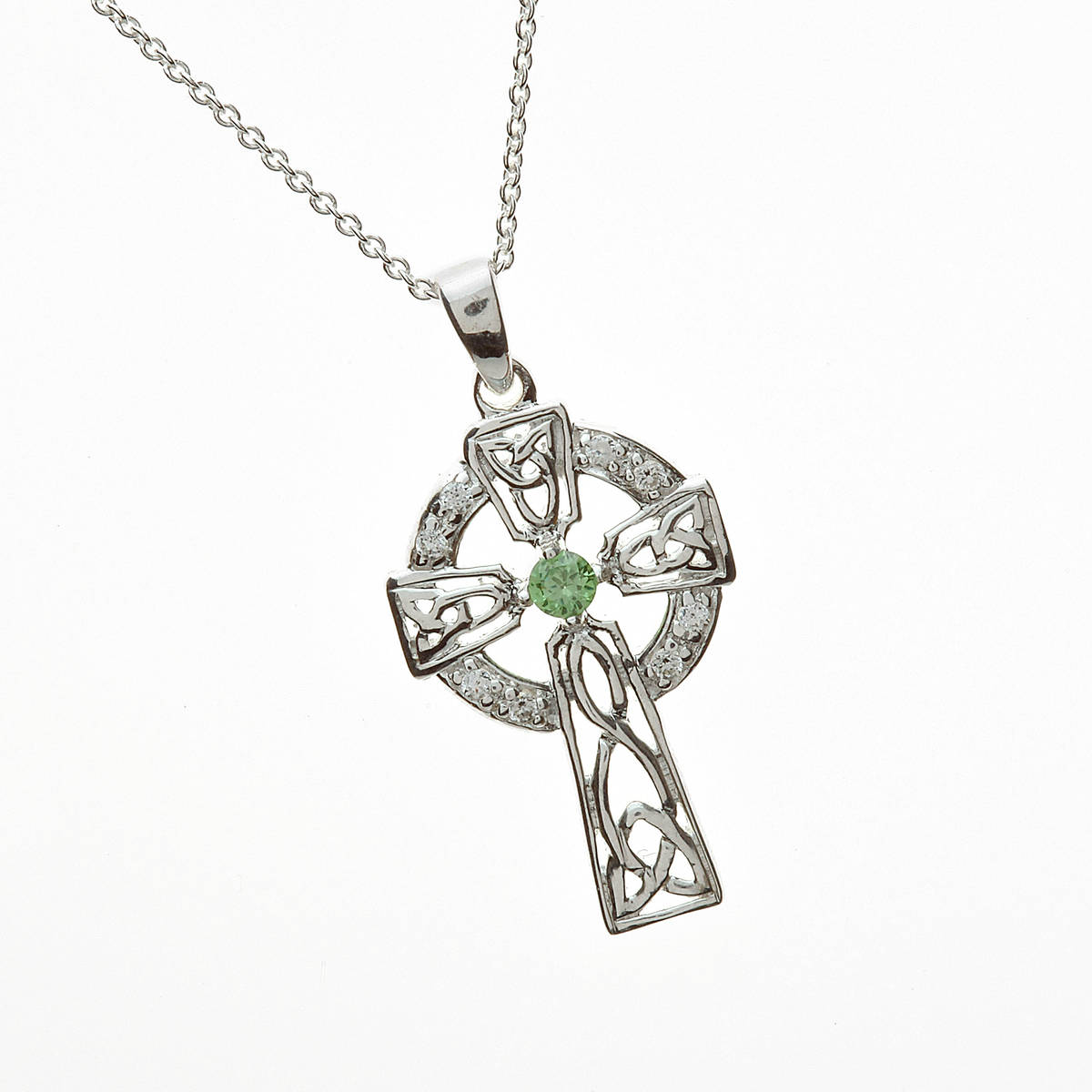Silver Cz Cross With Green Cz Centre 18" Trace