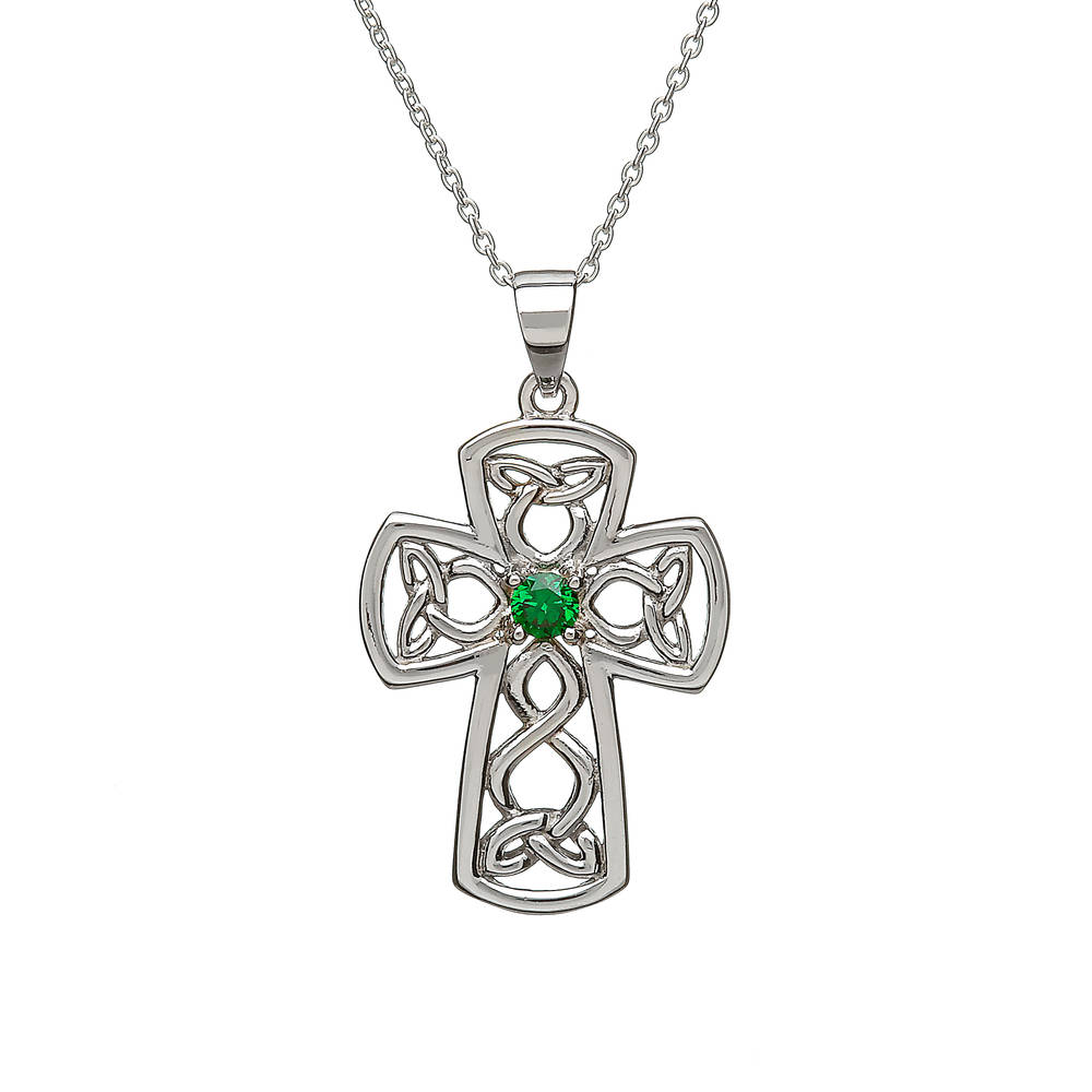 Silver Celtic Open Filigree Cross With Green Cz