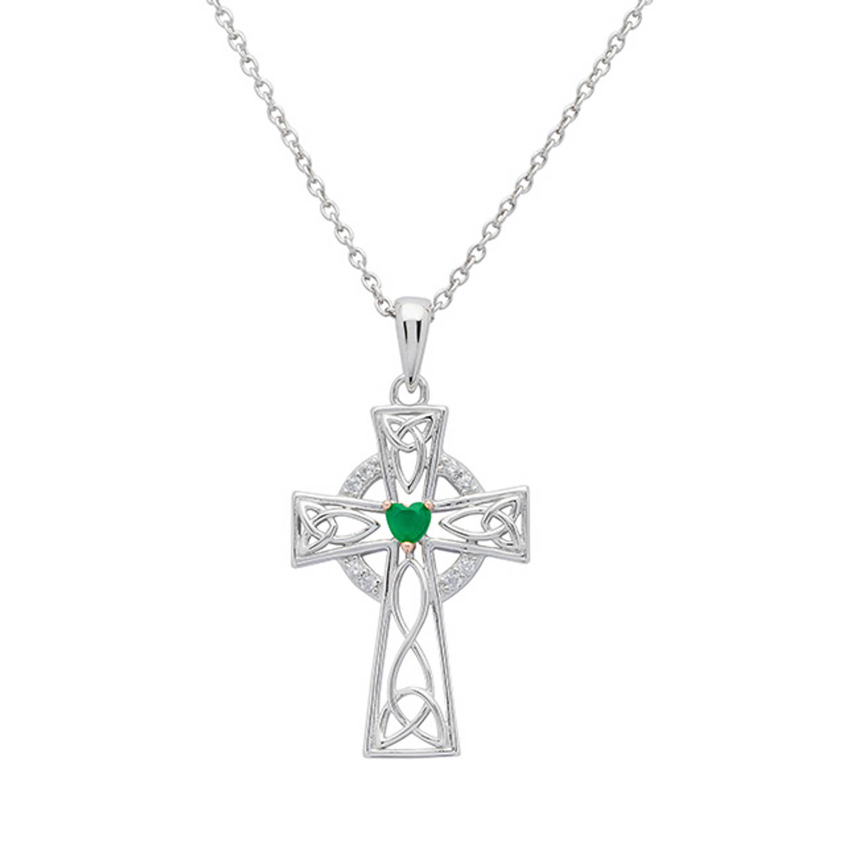 Sterling Silver Celtic Cross with Heart Shaped Green Agate. 

An exquisite example of the Celtic cross. This pendant is also embellished with Celtic Knots, rose gold and cubic zirconia. 

Size: 21.5mm