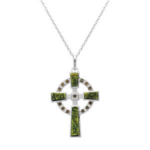 Silver Connamara Marble Marcasite Celtic Cross 
