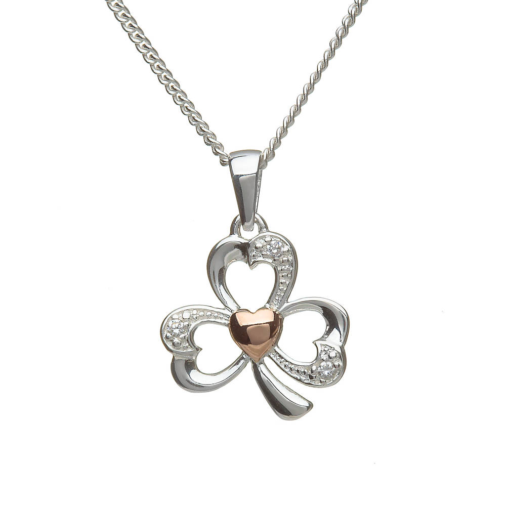 Silver Cz Rose Gold Plated Heart Shamrock Pendant