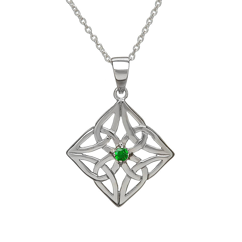 Silver Celtic Pend Diamond Shape With Drak Green Cz Centre
