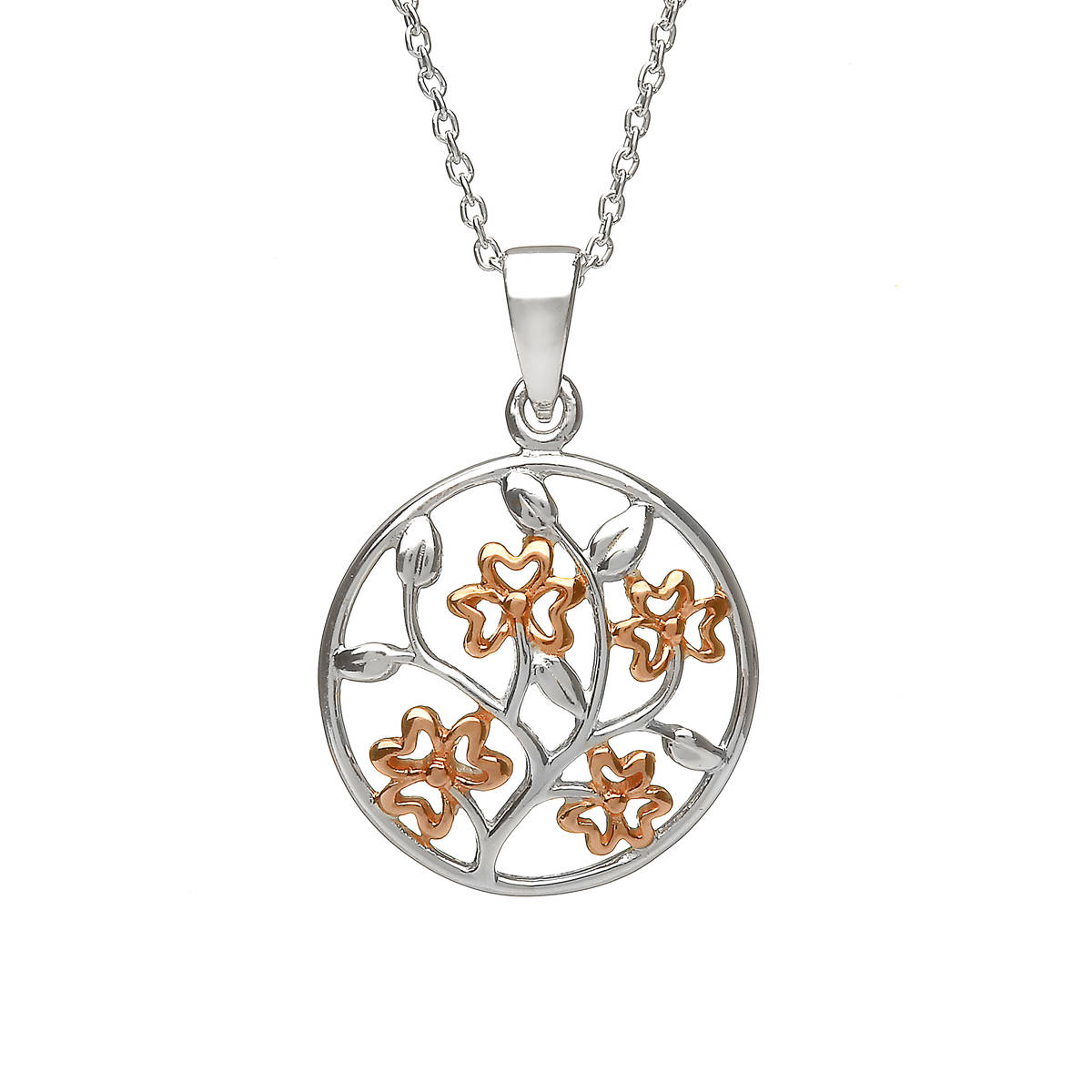 Silver Celtic Circle With Rose Gold Plated Shamrocks In Centre Pendant
