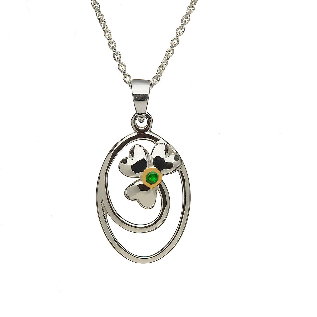 Silver Oval Pendant With Emerald Set Shamrock Centre
