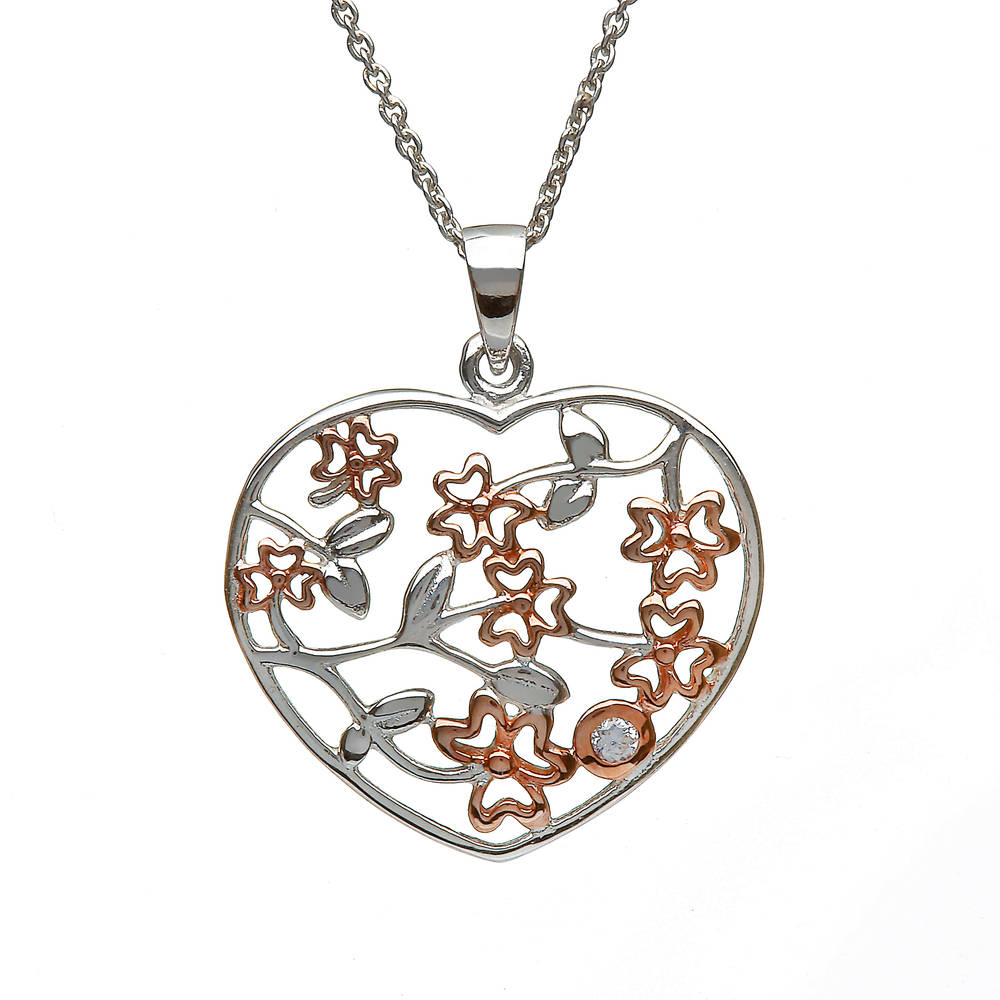 Silver Heart Pendant With Rose Gold Plated Shamrocks Centre Cz