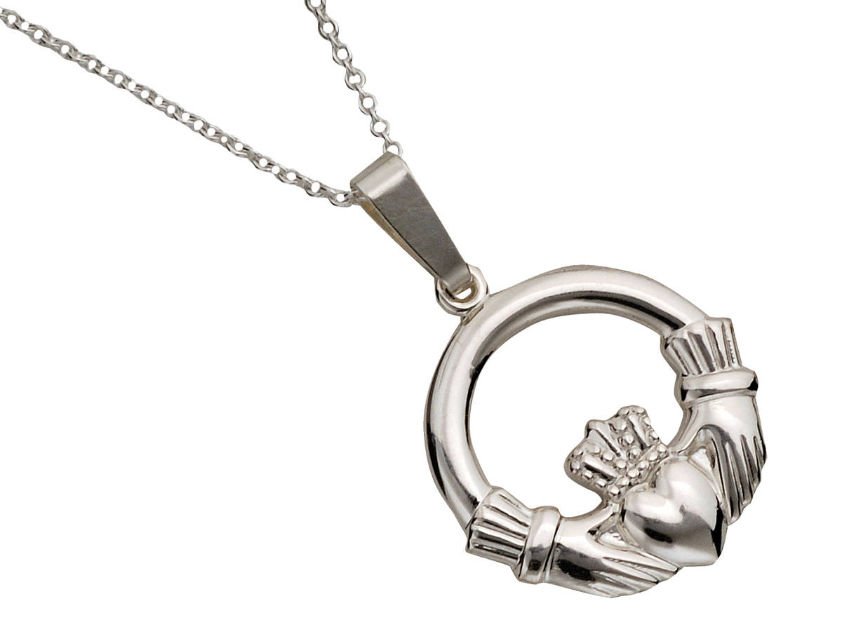 a perfectly formed claddagh pendant in the classic style.