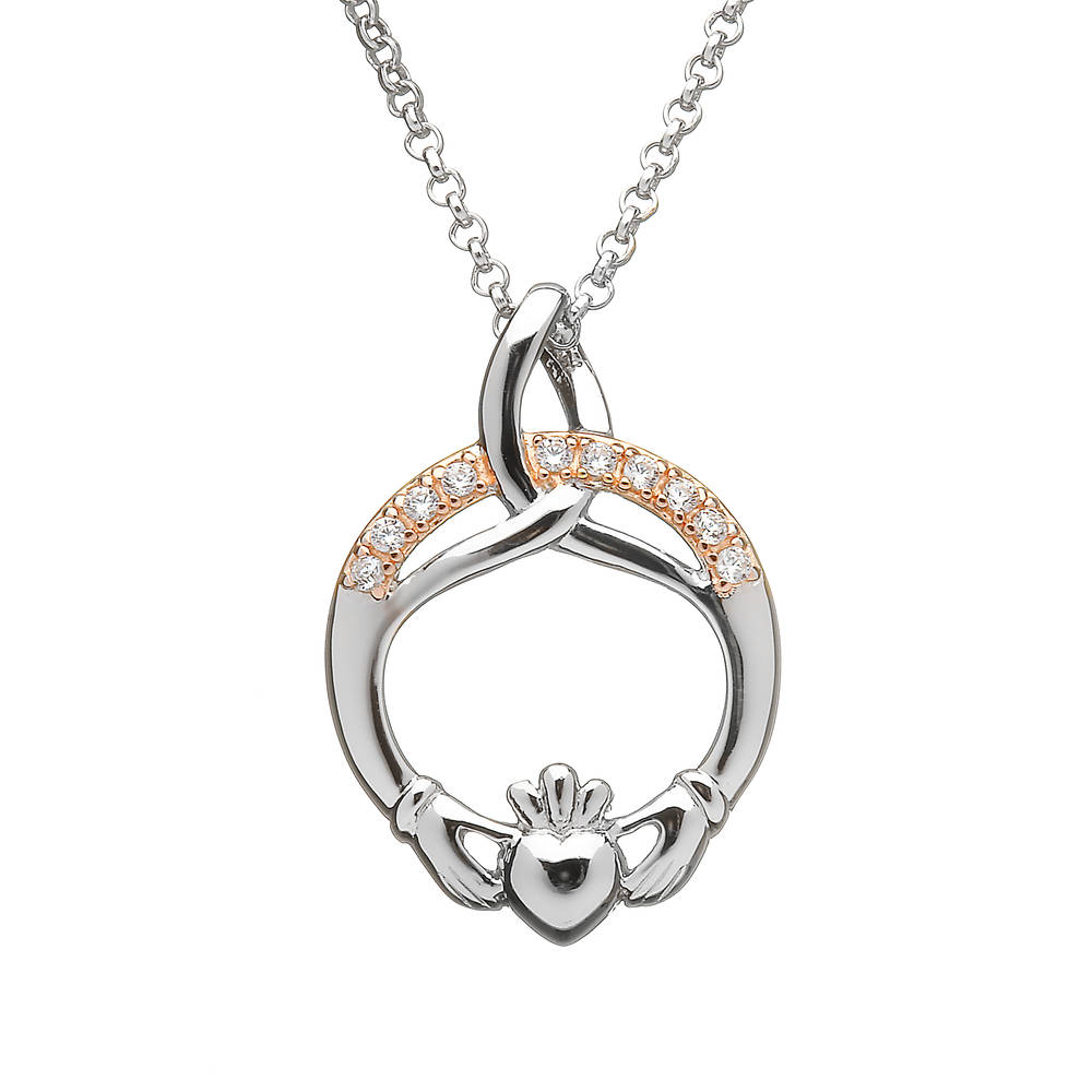Silver Trinity Claddagh Pendant With Cubic Zirconia Stones In Rose Gold Plating
