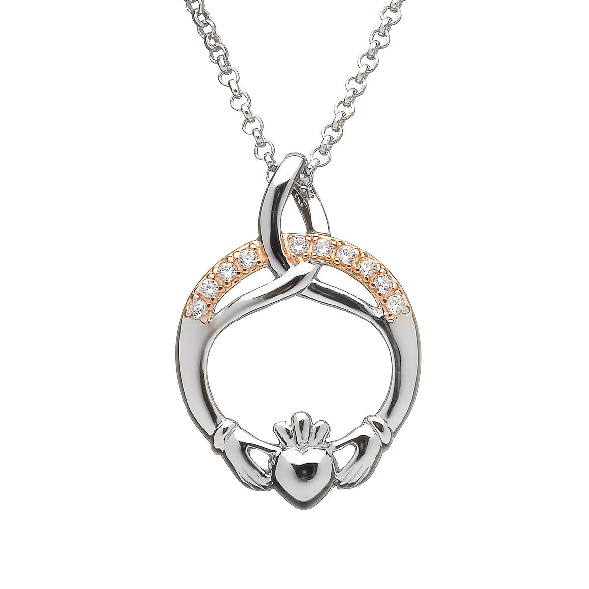 Silver Trinity Claddagh Pendant With Cubic Zirconia Stones In Rose Gold Plating
