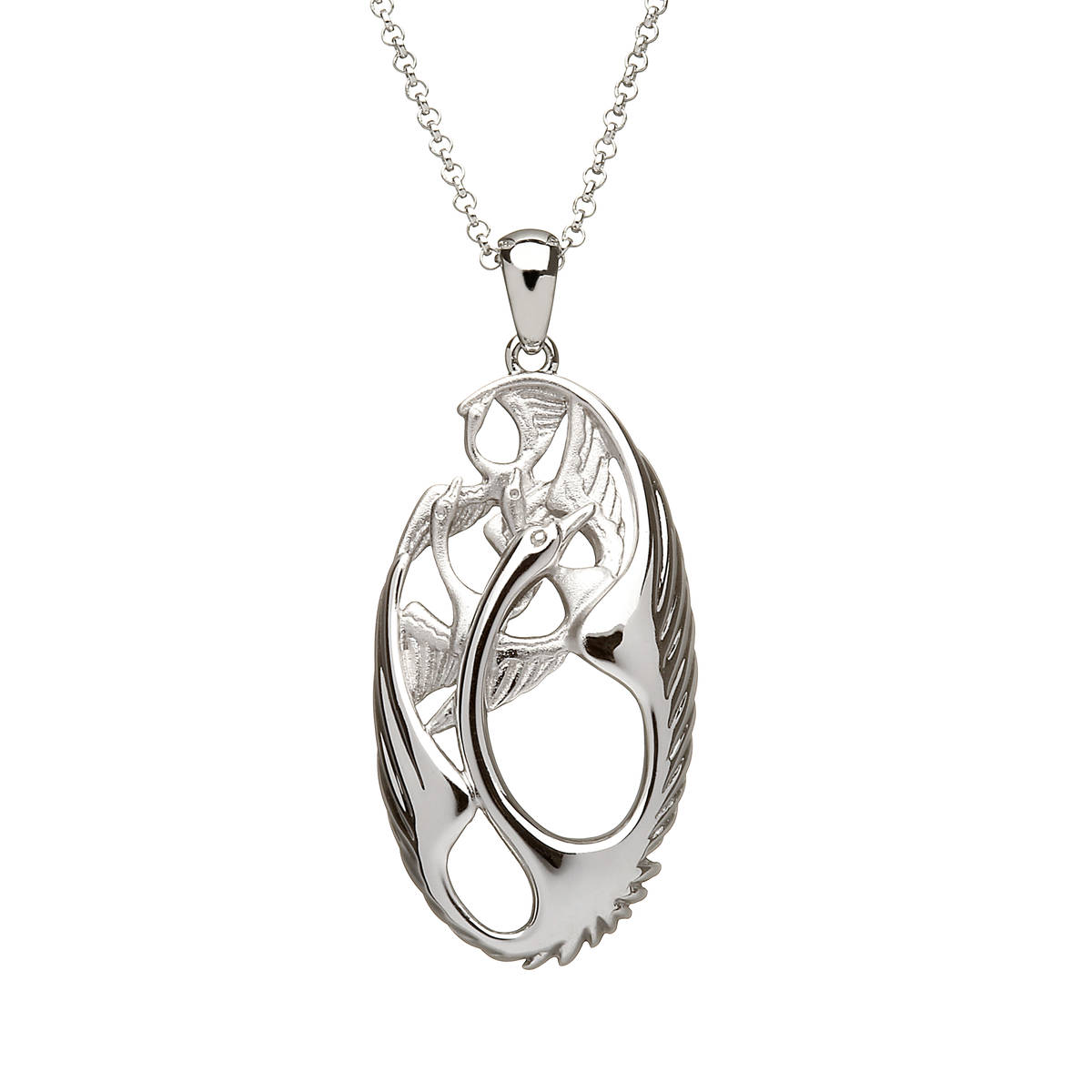 Sterling silver oval three-dimensional Children Of Lir swan pendant