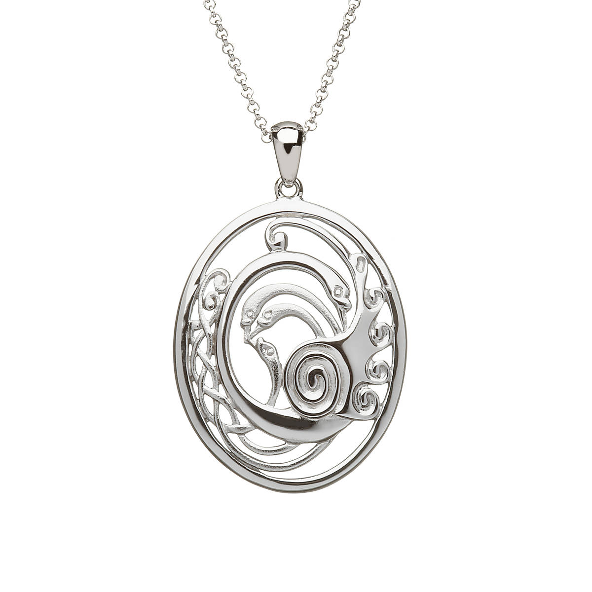 Sterling silver oval Children Of Lir swan pendant