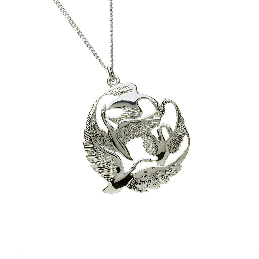 Silver Children of Lir pendant chained and boxed is beautifully styled and presented and you must read the story of the fable to understand the tragic beauty of their lives as described in our Lir section.
