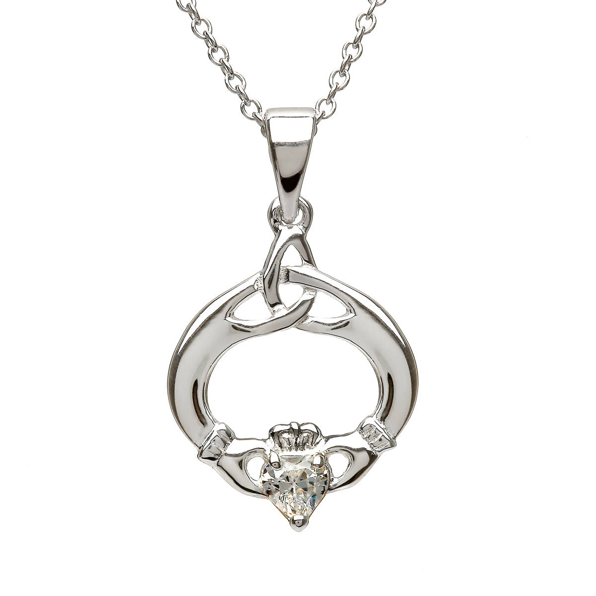 Silver Pendant with Cubic Zirconia April Birthstone. Round Trinity Knot and Claddagh Design. 