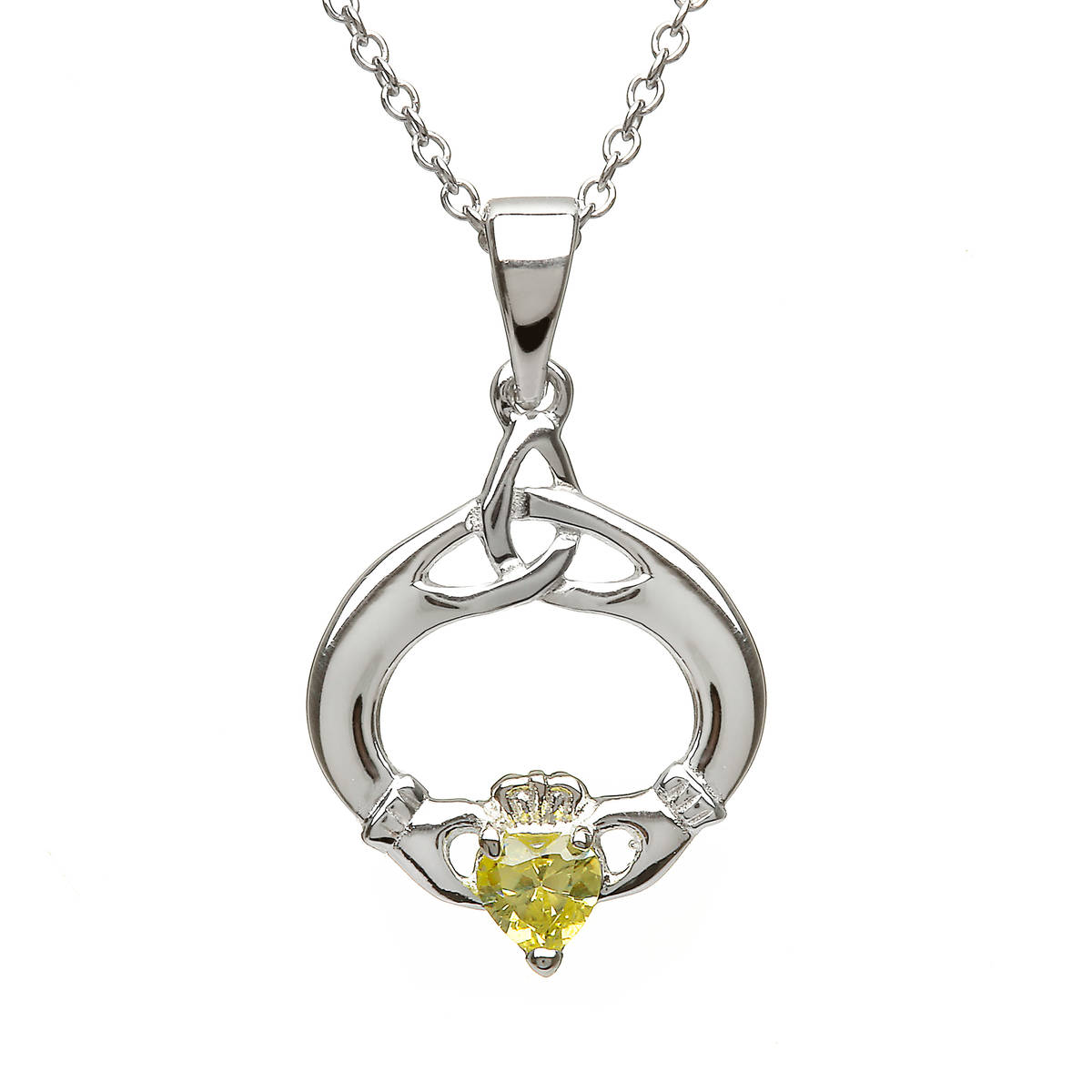 Silver Pendant with Peridot August Birthstone. Round Trinity Knot and Claddagh Design. 