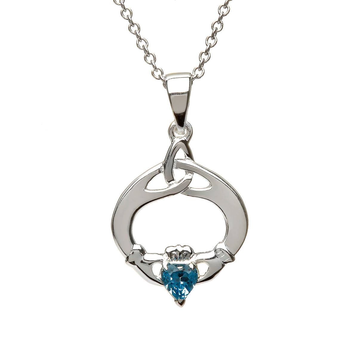 Sterling Silver Pendant with Topaz December Birthstone. Round Trinity Knot and Claddagh Design. 