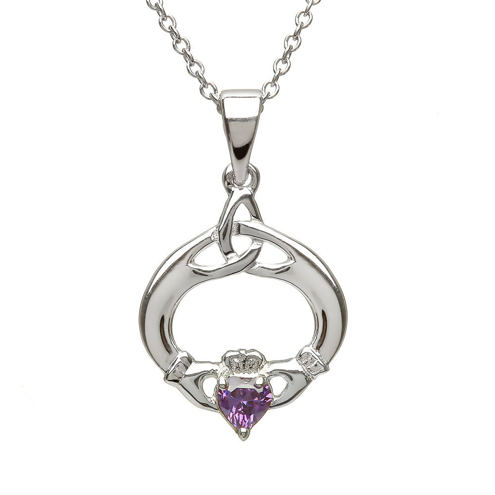 Silver Round Trin Knot Claddagh Amethyst Pendant
