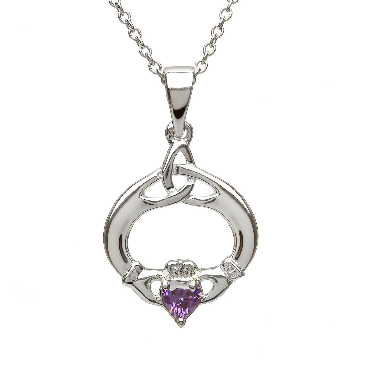 Silver Pendant with Amethyst February Birthstone. Round Trinity Knot and Claddagh Design. 