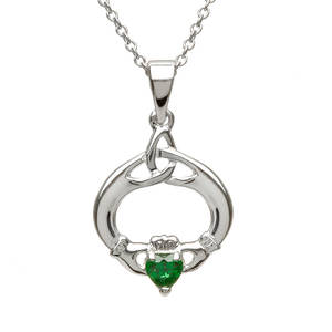 Silver Trinity Knot Claddagh Green Pendant