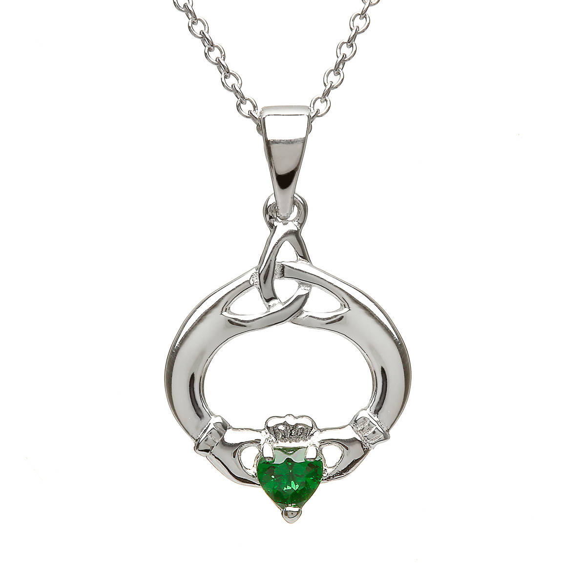 Silver Pendant with Green May Birthstone. Round Trinity Knot and Claddagh Design. 