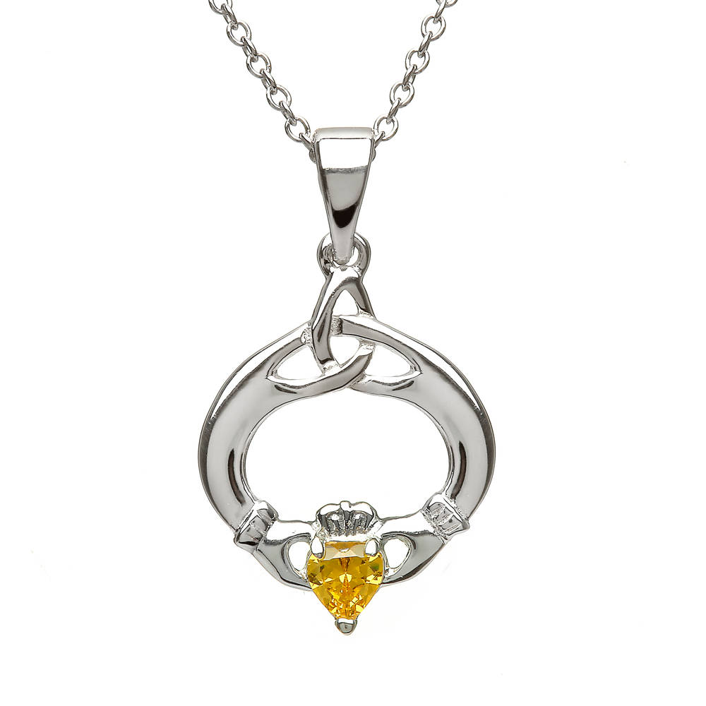 Silver Round Trin Knot Claddagh Citrine Pendant