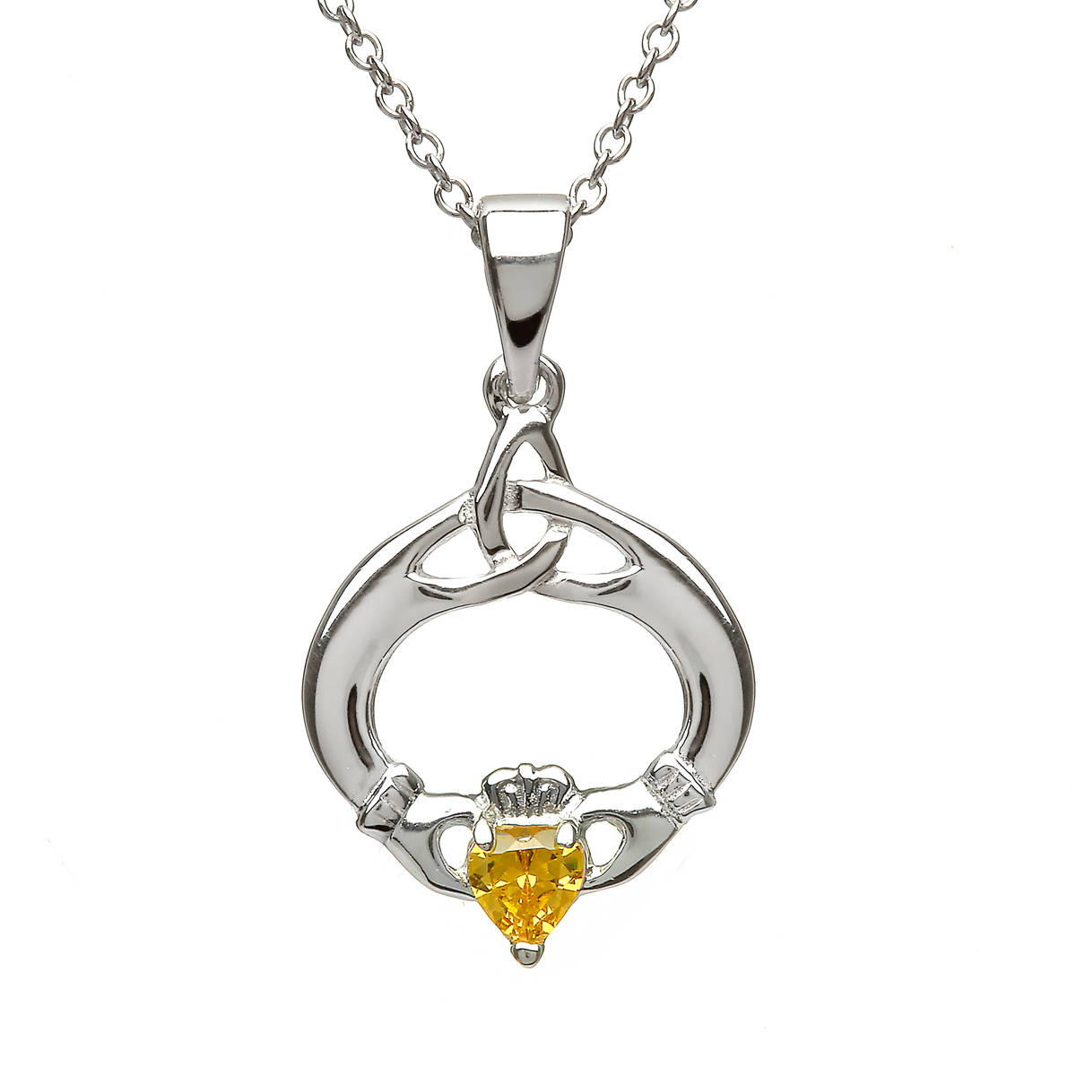 Sterling Silver Pendant with Citrine November Birthstone. Round Trinity Knot and Claddagh Design. 