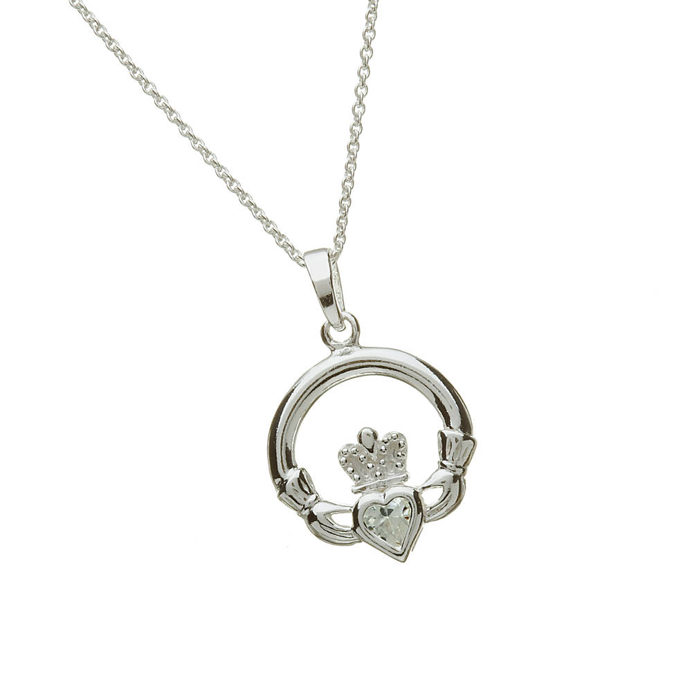 Silver Stone Set Claddagh Birthstone Pendant