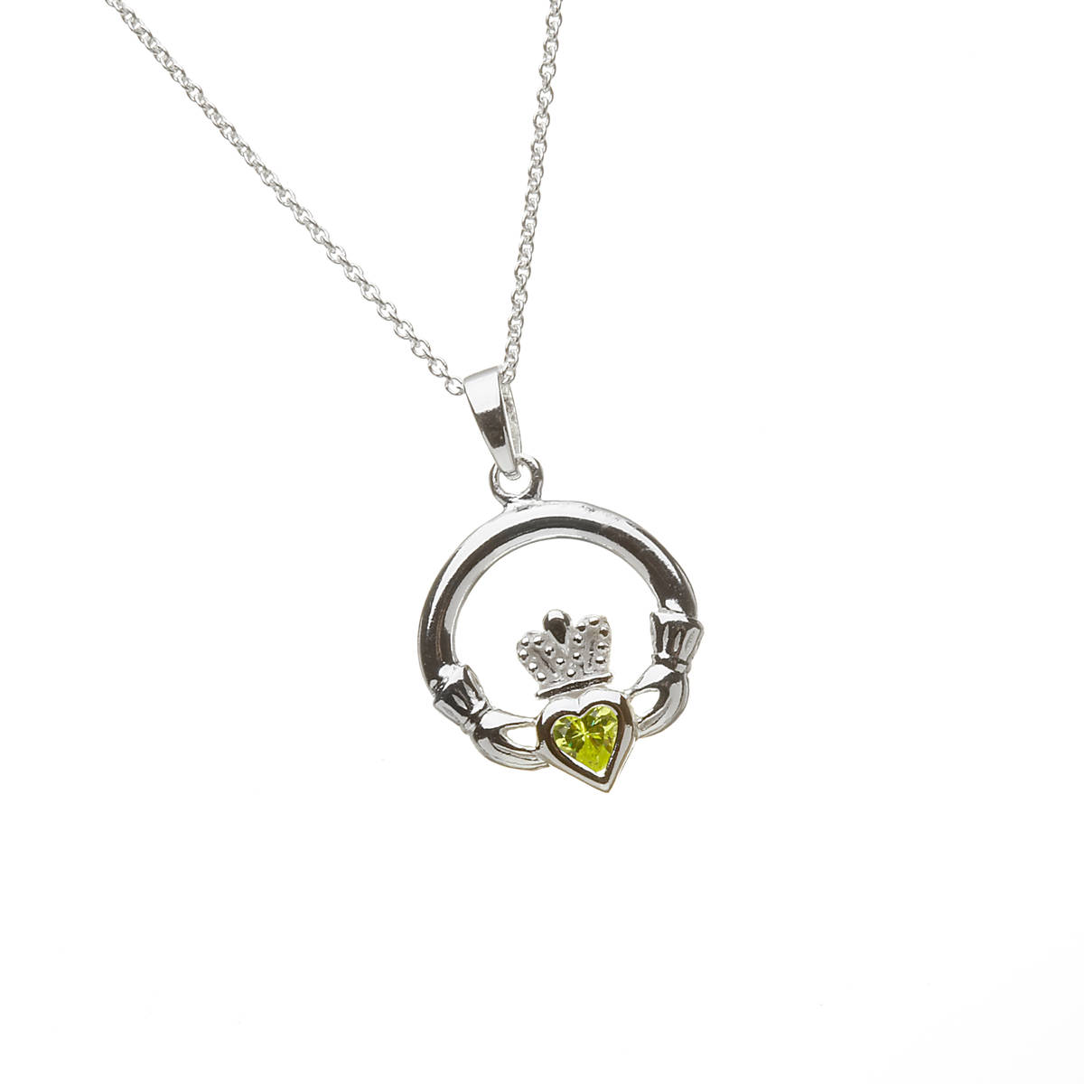 Silver Claddagh Pendant with Peridot August Birthstone. Round Claddagh Stone Set Design. 