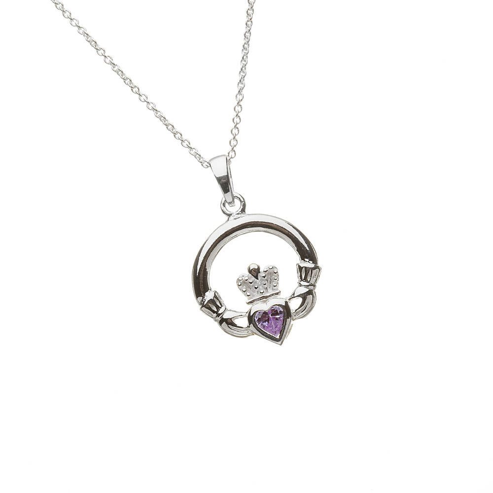Silver Stone Set Claddagh Birthstone Pendant