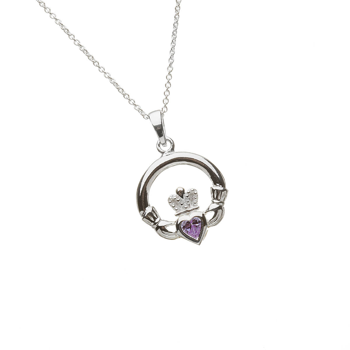 Silver Claddagh Pendant with Amethyst February Birthstone. Round Claddagh Stone Set Design. 