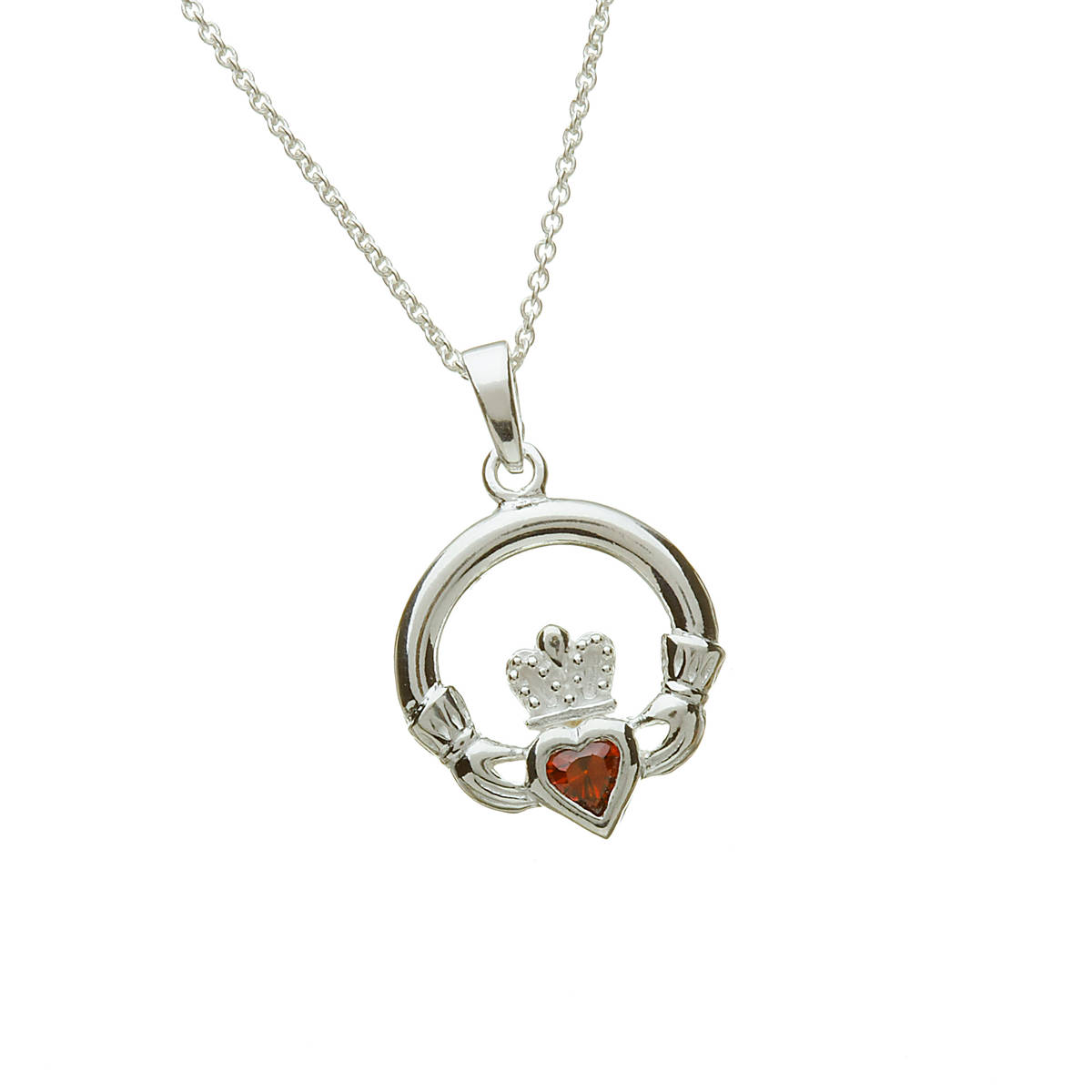 Silver Claddagh Pendant with Garnet January Birthstone. Round Claddagh Stone Set Design. 