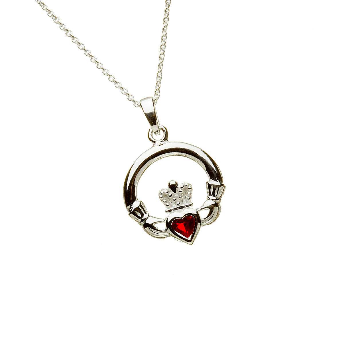 Silver Claddagh Pendant with Ruby July Birthstone. Round Claddagh Stone Set Design. 