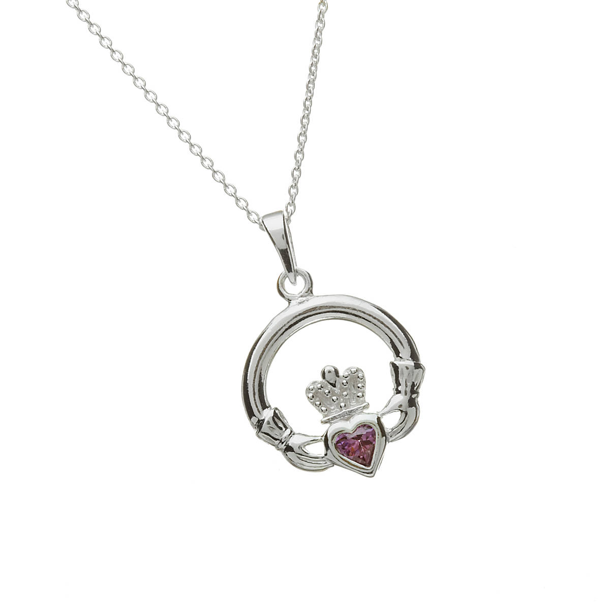 Silver Claddagh Pendant with Alexandrite June Birthstone. Round Claddagh Stone Set Design. 