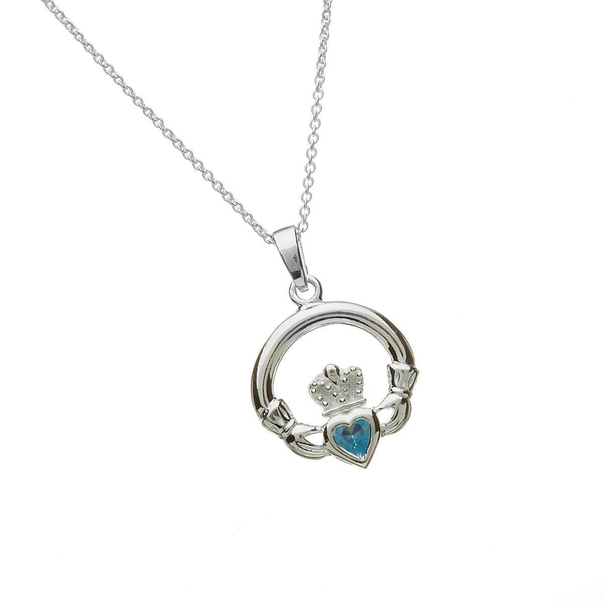 Silver Claddagh Pendant with Aquamarine March Birthstone. Round Claddagh Stone Set Design. 