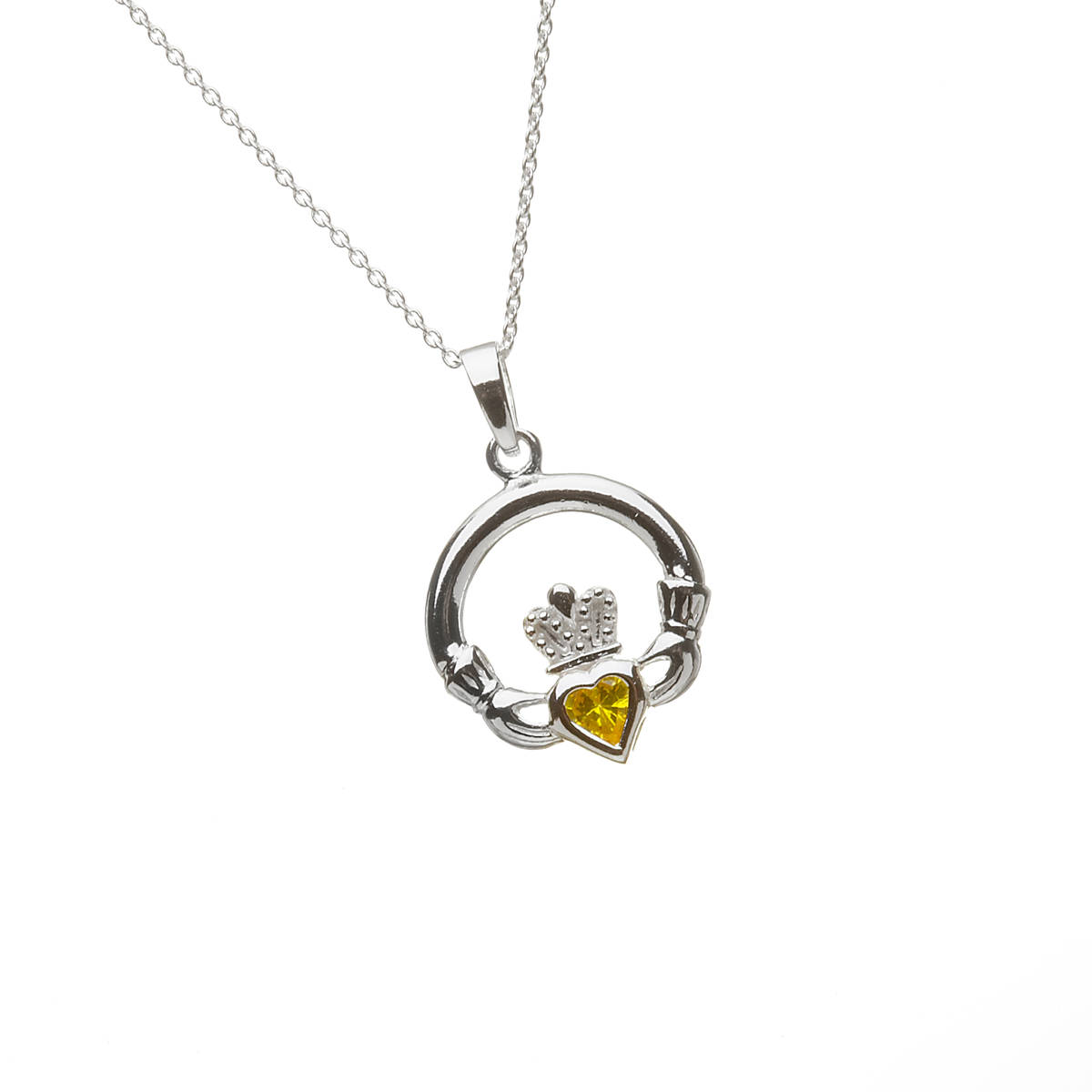 Silver Claddagh Pendant with Citrine November Birthstone. Round Claddagh Stone Set Design. 