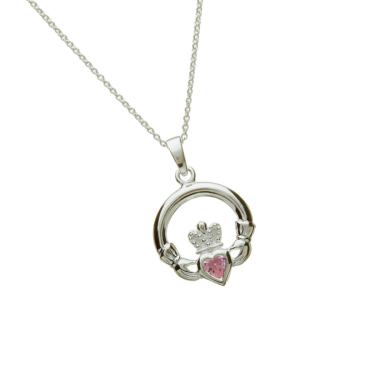 Silver Claddagh Pendant with Tourmaline October Birthstone. Round Claddagh Stone Set Design. 