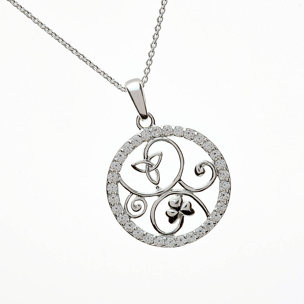 Silver Trinity + Shamrock In Cz Circle 18" Trace