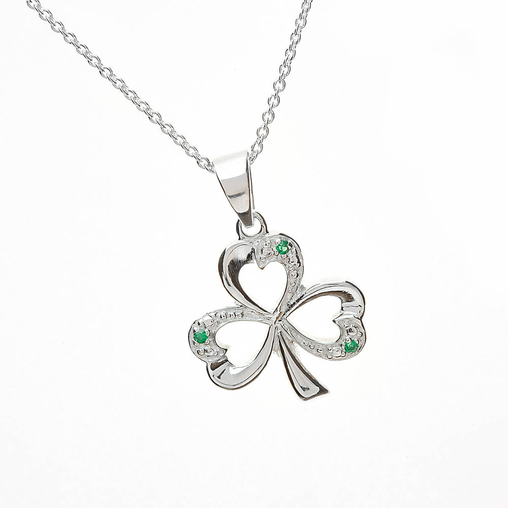 Silver Shamrock Pendant With Green Cz
