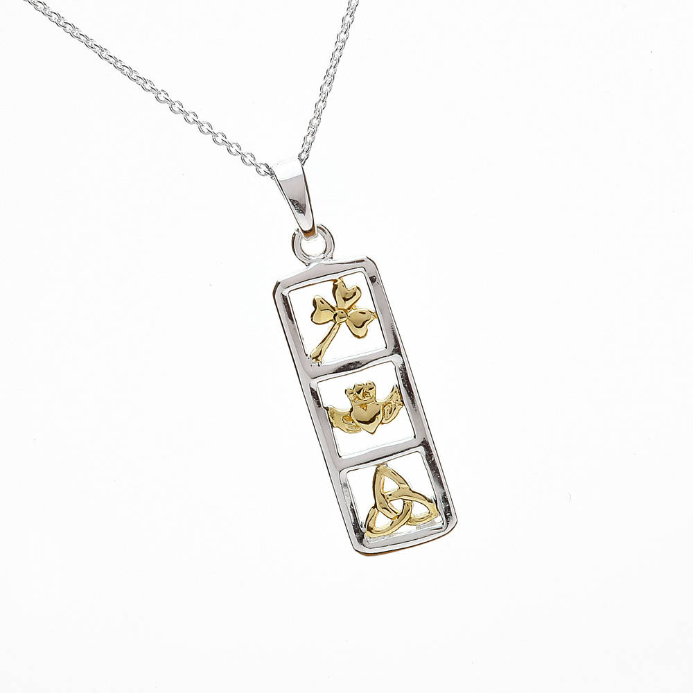 Silver Rectangle Gold Plated Shamrock,claddagh And Trinity Knot Pendant