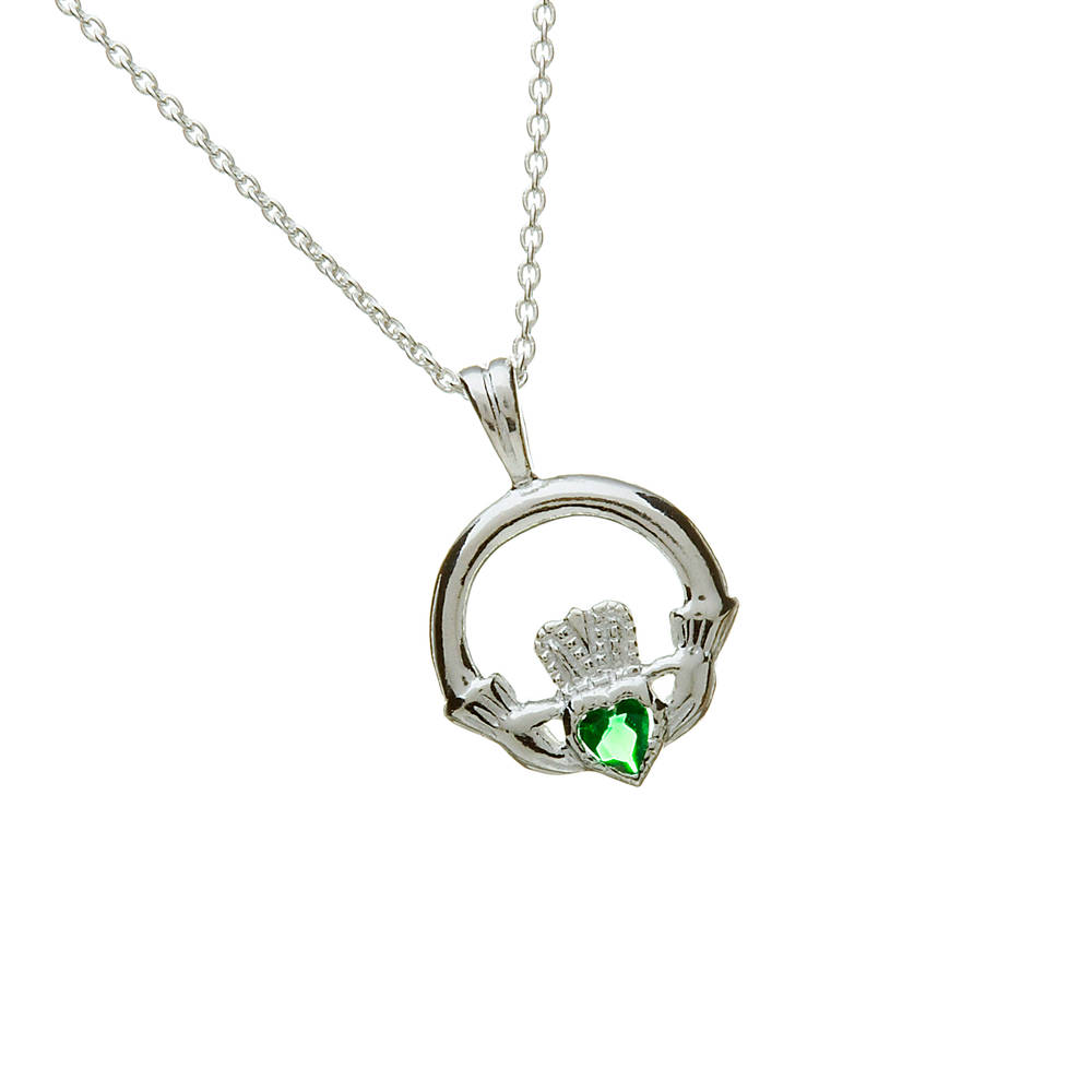 Silver Claddagh Pendant With Green Agate Heart